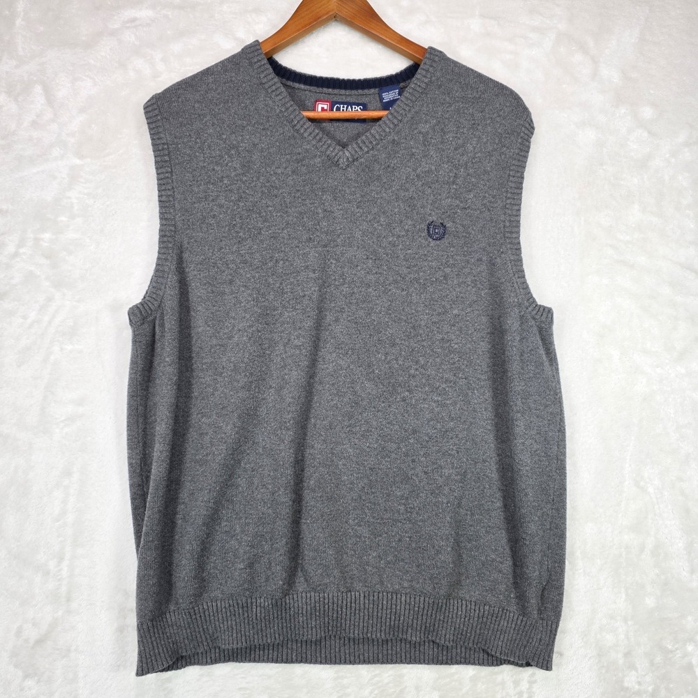 RL Chaps Sweater Vest V-Neck 100% Cotton Mens Large Gray Pullover Casual Preppy